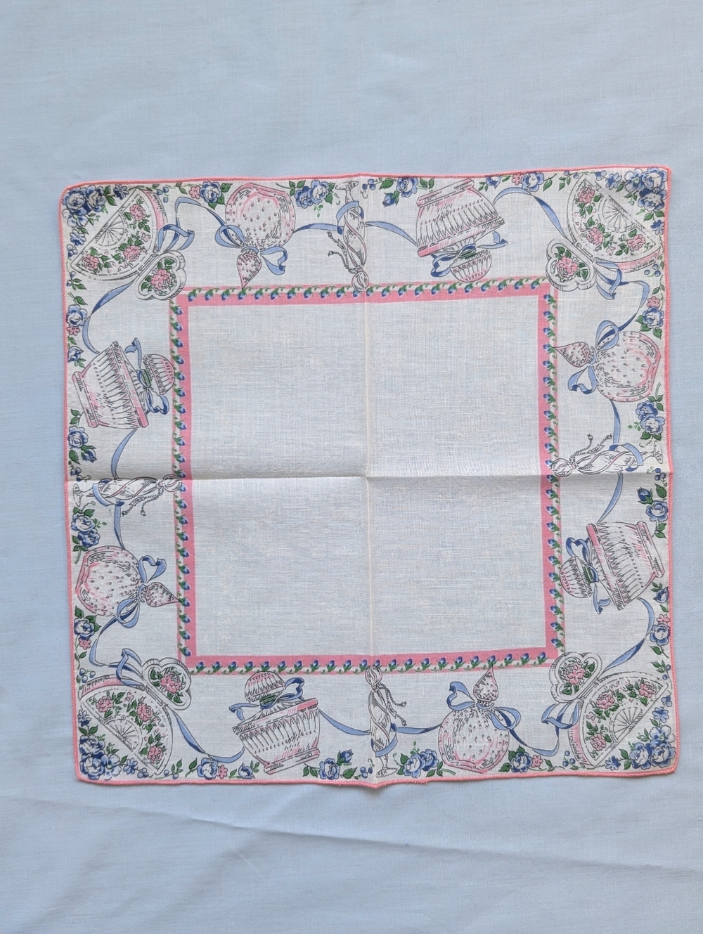 Vintage Floral Perfume Bottle Handkerchief -Cotton? Fine Fabric Unused Condition